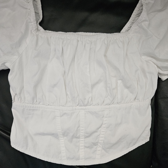 Japna Gaze Sz L White Crop Top with Puffed Sleeves Smoked Back 100% Cotton - Picture 3 of 9